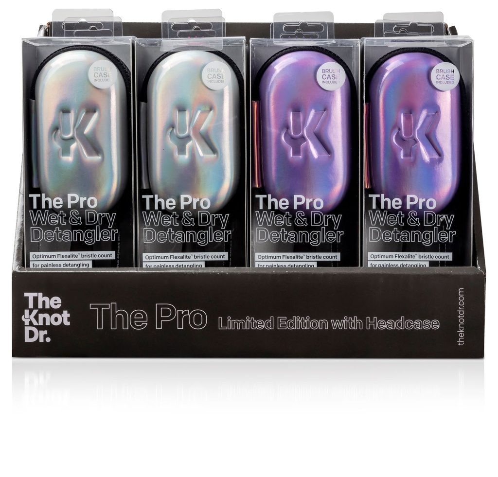 The Knot Dr. Pro Holographic Box of 8 brushes: 4 x Pro Fuchsia and 4 x Pro Periwinkle with display