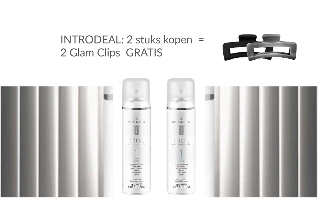Promo: Medavita Idol Gloss Optimiser Hair Spray 2 kopen + 2 Glam Clips GRATIS