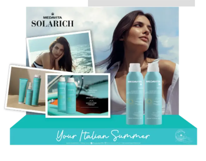 Promo: Medavita Solarich Sun Body Mist Spray  3 x SPF30 + 3 x SPF50 + 3 waffle bag + Display 